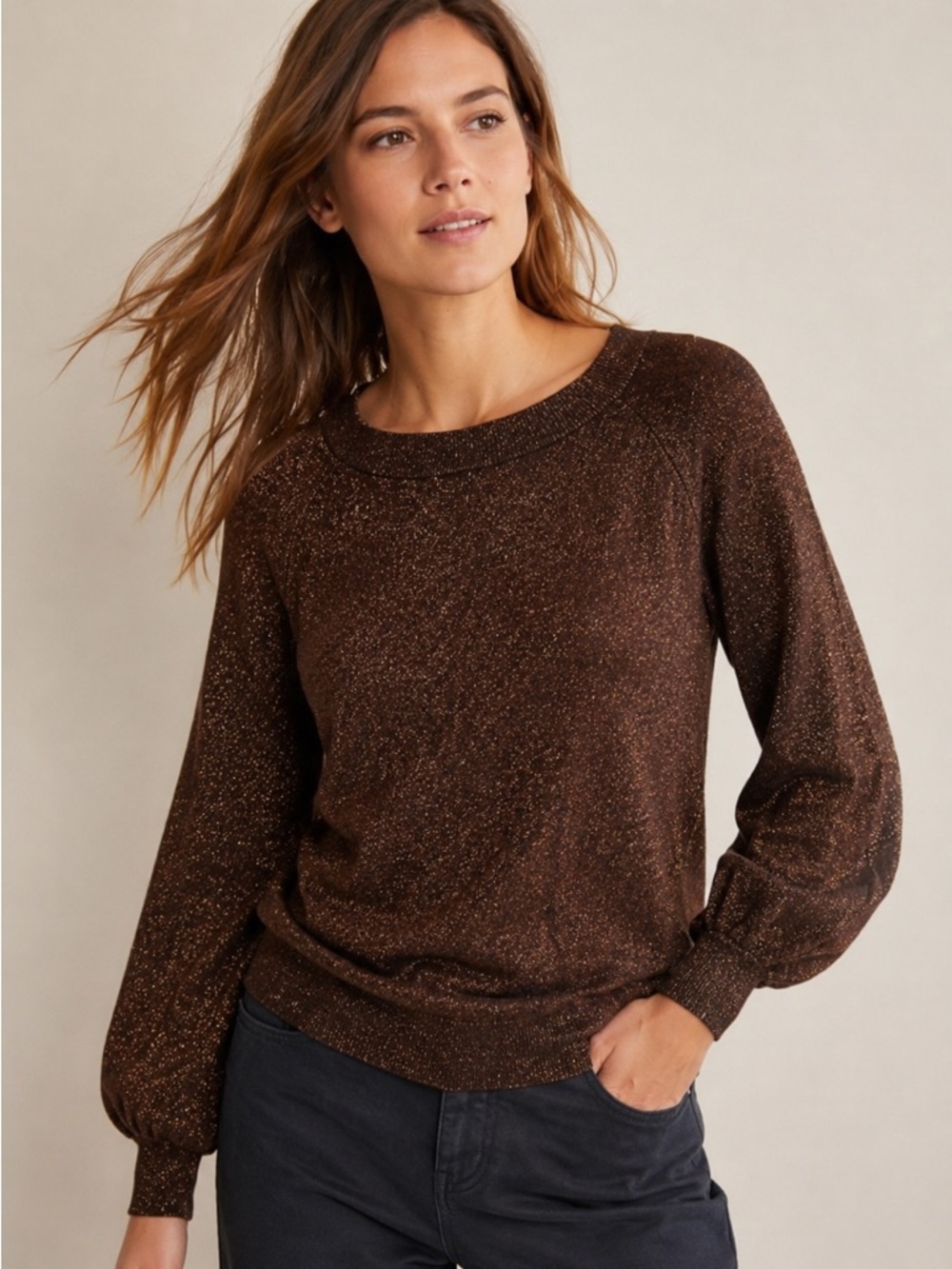 Boden Mabel Metallic Bishop Sleeve Sweater Brown Shimmer US 6